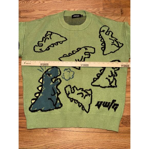 VAMTAC Dinosaur Knit Crew Sweater Unisex Size XL Green Cartoon Pattern - Picture 6 of 6